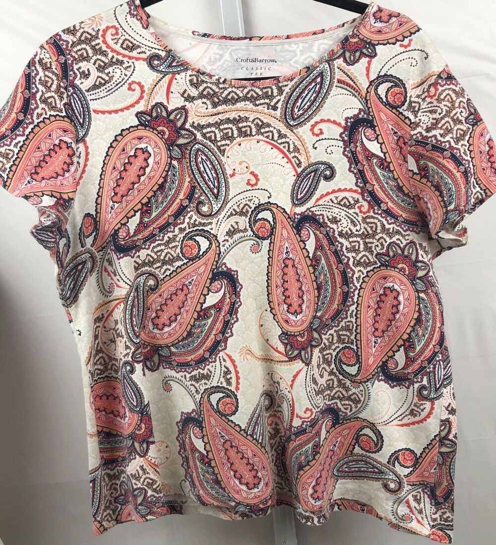 Croft & Barrow Top Women PXL Orange Paisley 100% Cotton Stretch Classic Tee